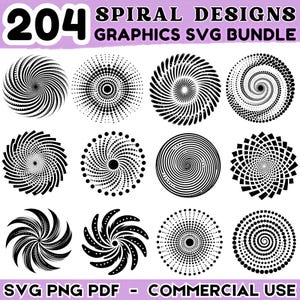 Pode incluir: Uma coleção de 12 designs de espirais em preto e branco em vários padrões. A imagem inclui o texto "204 SPIRAL DESIGNS GRAPHICS SVG BUNDLE" na parte superior e "SVG PNG PDF - COMMERCIAL USE" na parte inferior.