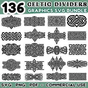 May include: A collection of 136 black Celtic divider graphics in an SVG bundle. The designs feature intricate knotwork patterns, suitable for various design projects. The image includes the text "SVG PNG PDF - COMMERCIAL USE".
