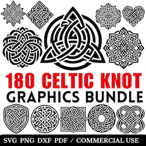 May include: A collection of 180 Celtic knot graphics in black and white. The designs include various shapes such as circles, squares, and hearts, with intricate interwoven patterns. Text reads "180 Celtic Knot Graphics Bundle".