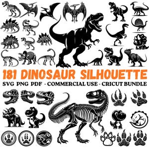 May include: A collection of 181 black dinosaur silhouettes, featuring various species and skeletal designs. The image includes the text "181 DINOSAUR SILHOUETTE" and "SVG PNG PDF - COMMERCIAL USE - CRICUT BUNDLE".