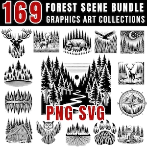 Forest Scene SVG and PNG Bundle | Wild Forest Silhouettes | Pine Tree & Wildlife Cut Files, Wild Animals SVG, Mountain svg, Commercial use