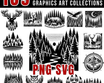 Forest Scene SVG and PNG Bundle | Wild Forest Silhouettes | Pine Tree & Wildlife Cut Files, Wild Animals SVG, Mountain svg, Commercial use