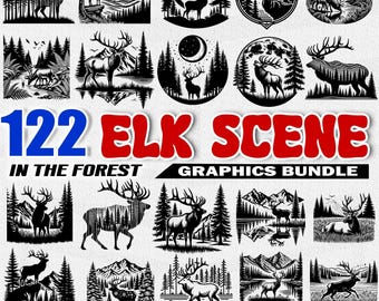 Elk Scene SVG Bundle | Forest Wildlife Cricut Cut Files | Elk Silhouette PNG | Nature Scene SVG | Mountain Elk Clipart , Commercial use