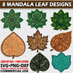 May include: Eight mandala leaf designs in various colors, including green, brown, and teal. The leaves feature intricate patterns and are labeled as laser cut files in SVG, PNG, and DXF formats, suitable for commercial use.