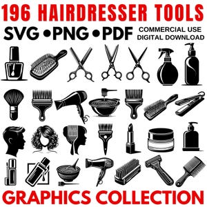 Hairdresser Tools SVG Bundle PNG PDF Laser Cut Files Hairstylist Clipart Salon Commercial Use