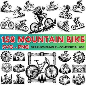 Può includere: Pacchetto di grafica per mountain bike in bianco e nero. L'immagine presenta varie illustrazioni di mountain biker su sentieri e paesaggi montani. Il testo recita "158 MOUNTAIN BIKE SVG - PNG GRAPHICS BUNDLE - COMMERCIAL USE."