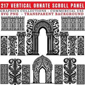 Puede incluir: Un conjunto de diseños de paneles de desplazamiento ornamentados en blanco y negro. Los diseños incluyen arcos, columnas y puertas. Los diseños son perfectos para usar en scrapbooking, creación de tarjetas y otras manualidades.