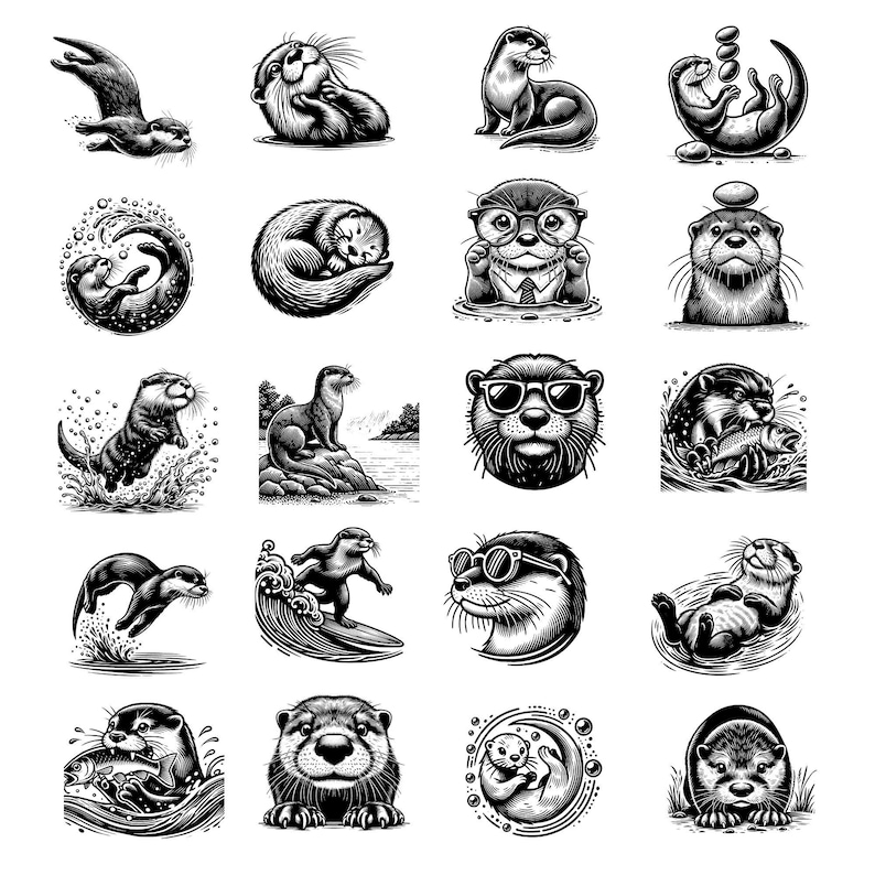 Puede incluir: Una colecci&oacute;n de ilustraciones en blanco y negro que representan nutrias en varias poses y entornos. Algunas nutrias llevan gafas de sol, mientras que otras sostienen objetos o nadan. Las ilustraciones son de estilo vintage.