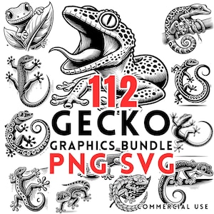 Puede incluir: Un conjunto de 112 ilustraciones de geckos en blanco y negro en formato PNG y SVG. Las ilustraciones presentan diferentes poses y estilos de geckos, incluyendo algunos con colas enroscadas y otros con la boca abierta. El texto "112 Gecko Graphics Bundle PNG SVG Commercial Use" está incluido en la imagen.