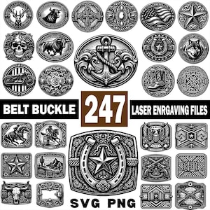 Pode incluir: Uma coleção de designs de fivelas de cinto em preto e branco. A imagem inclui várias formas e estilos, como ovais, redondos e retangulares, com imagens gravadas de animais, símbolos e texto. O texto "BELT BUCKLE 247 LASER ENRGAVING FILES SVG PNG" também está presente.