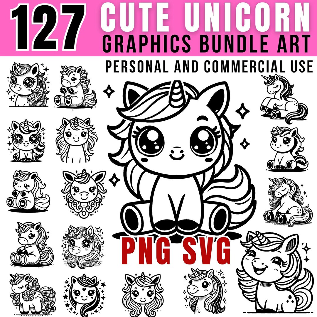Cute Unicorn SVG and PNG Bundle | Adorable Cartoon Unicorn Clipart ...