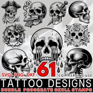 Tattoo Skull SVG Bundle | Cricut Skull svg | Skull PNG Clipart | Gothic Tattoo Design | Engraving Skull DXF | cricut skull svg