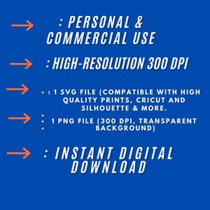 May include: A blue background with white text outlining the features of a digital download. The text reads: "PERSONAL & COMMERCIAL USE", "HIGH-RESOLUTION 300 DPI", "1 SVG FILE (COMPATIBLE WITH HIGH QUALITY PRINTS, CRICUT AND SILHOUETTE & MORE", "1 PNG FILE (300 DPI, TRANSPARENT BACKGROUND)", and "INSTANT DIGITAL DOWNLOAD".