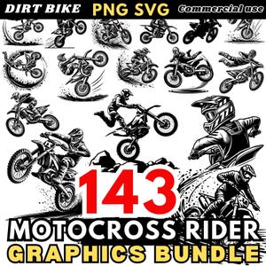 May include: A set of 143 black and white motocross rider graphics. The graphics feature riders in various poses on dirt bikes. The graphics are perfect for use in designs, prints, and other creative projects.