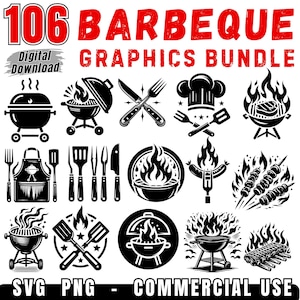 May include: A digital download graphic bundle featuring 106 barbecue-themed illustrations in black and white. Includes images of grills, utensils, flames, and text that reads "BARBEQUE GRAPHICS BUNDLE". The file formats are SVG and PNG, for commercial use.