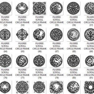 Puede incluir: Una colecci&oacute;n de dise&ntilde;os gr&aacute;ficos en blanco y negro que presentan varios patrones intrincados de marcos circulares de filigrana, cada uno etiquetado con el texto FILIGREE SCROLL CIRCLE FRAME seguido de un n&uacute;mero de identificaci&oacute;n &uacute;nico del 49 al 84.