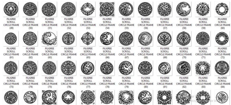 Puede incluir: Una colecci&oacute;n de dise&ntilde;os gr&aacute;ficos en blanco y negro que presentan varios patrones intrincados de marcos circulares de filigrana, cada uno etiquetado con el texto FILIGREE SCROLL CIRCLE FRAME seguido de un n&uacute;mero de identificaci&oacute;n &uacute;nico del 49 al 84.
