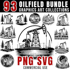 May include: A set of 93 black and white oilfield graphics, including oil derricks, pumps, and trees. The graphics are in a variety of styles and are perfect for use in commercial projects. The text "PNG SVG COMMERCIAL USE" is at the bottom of the image.