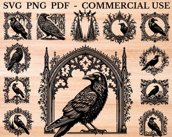 Paquete de archivos SVG de marco de cuervo gótico: 108 archivos para grabado láser (svg, png, pdf) Uso comercial