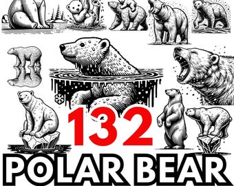 Op de afbeelding: Een set van 132 zwart-wit illustraties van ijsberen in verschillende poses. De illustraties omvatten ijsberen die staan, zitten, zwemmen en brullen. De tekst "PNG SVG Commercial use" is zichtbaar bovenaan de afbeelding.
