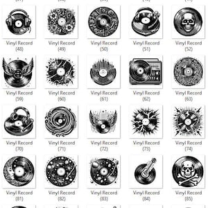 May include: A set of 88 black and white vinyl record illustrations. The illustrations feature various designs, including skulls, flowers, musical instruments, and geometric patterns.
