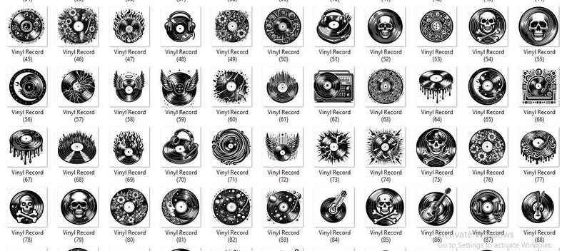 May include: A set of 88 black and white vinyl record illustrations. The illustrations feature various designs, including skulls, flowers, musical instruments, and geometric patterns.