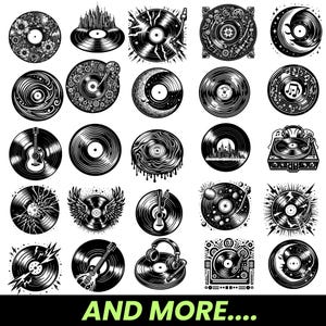 May include: A collection of black and white illustrations of vinyl records with various designs, including musical notes, cityscapes, and abstract patterns. The text "AND MORE..." is at the bottom of the image.