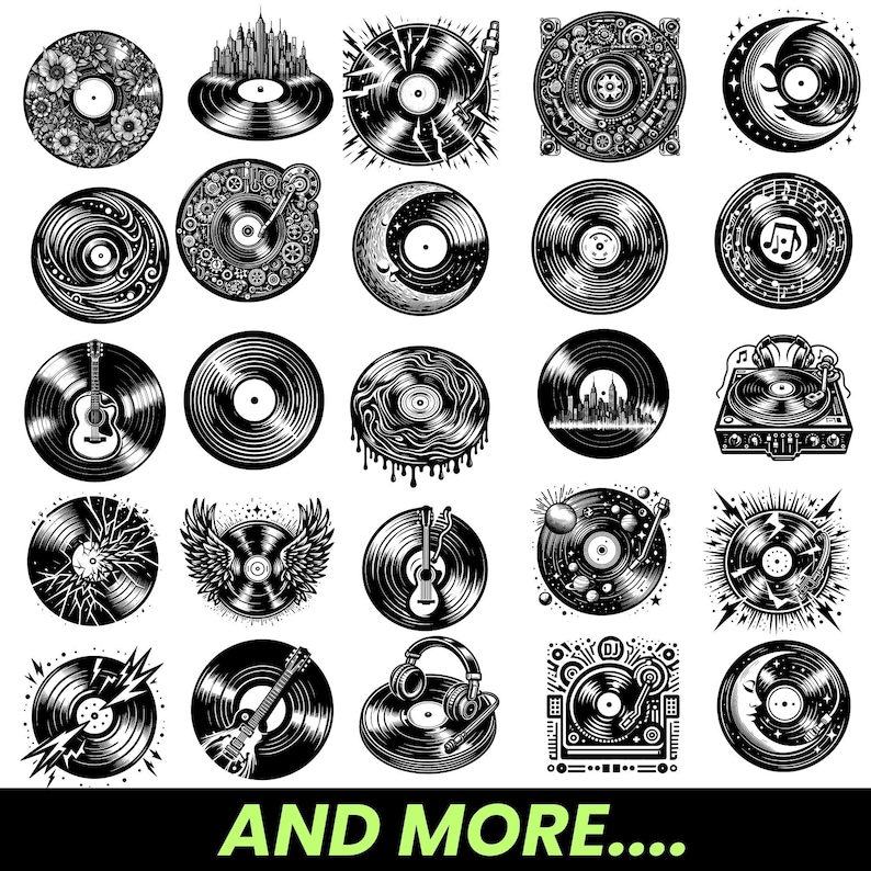 May include: A collection of black and white illustrations of vinyl records with various designs, including musical notes, cityscapes, and abstract patterns. The text "AND MORE..." is at the bottom of the image.