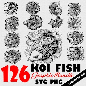 Peut inclure: Un ensemble de 126 illustrations vectorielles en noir et blanc de poissons koï dans différentes poses. Les illustrations sont de style graphique et comprennent des éléments floraux. Le texte "KOI FISH Graphic Bundle SVG PNG COMMERCIAL USE" est en bas de l'image.