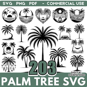 May include: A collection of 203 black and white palm tree SVG designs. The designs include various tropical scenes, such as sunsets, beaches, and campfires. The text "PALM TREE SVG" and "DIGITAL DOWNLOAD" are also present.