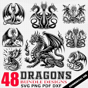 48 Dragons Bundle Designs SVG, Dragon silhouette, Dragon Cricut file, SVG, PNG Instant download
