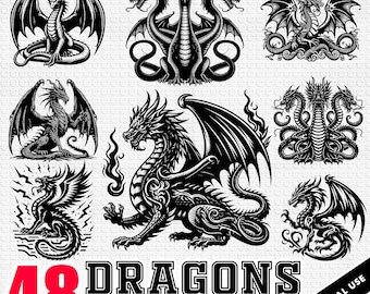 48 Dragons Bundle Designs SVG, Dragon silhouette, Dragon Cricut file, SVG, PNG Instant download