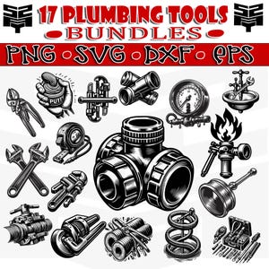 Archivos de corte SVG de herramientas de fontanero, paquete de diseño de equipos de fontanería, clipart de fontanero DIY para Cricut y Silhouette, descarga instantánea
