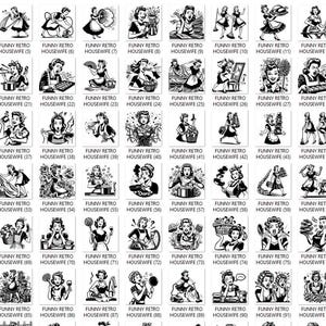 May include: A set of 100 black and white clip art images featuring retro-style illustrations of women in various poses and activities. The images are perfect for adding a vintage touch to your projects.