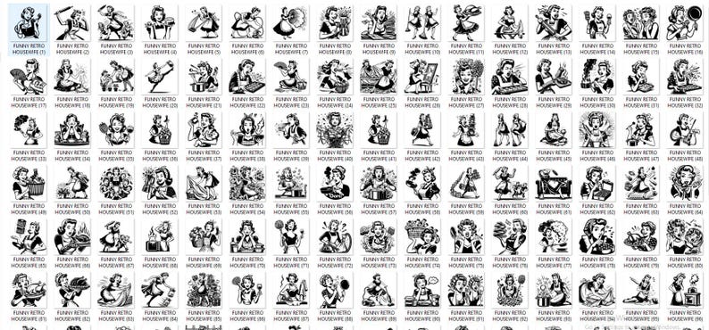 May include: A set of 100 black and white clip art images featuring retro-style illustrations of women in various poses and activities. The images are perfect for adding a vintage touch to your projects.
