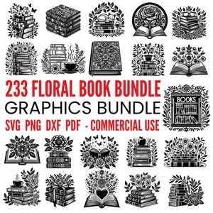 Floral Book SVG Bundle: Stacked Books Graphics for Crafters (svg, png, dxf, pdf) Commercial use