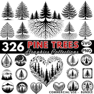May include: A collection of 326 pine tree graphics in SVG and PNG format. The graphics are perfect for crafting, scrapbooking, and other creative projects. The image shows a variety of pine trees, including a heart-shaped arrangement of trees, a pine tree with roots, and a pine tree with a star on top.