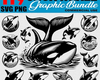 Peut inclure: Un ensemble de 119 illustrations vectorielles en noir et blanc de baleines orques dans différentes poses. Les illustrations sont parfaites pour créer des designs pour des t-shirts, des mugs, des autocollants et d'autres produits. Les illustrations sont disponibles aux formats SVG et PNG. L'utilisation commerciale est autorisée.