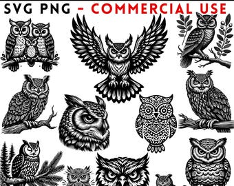 Pliki SVG z sową dla Cricut, Pakiet PNG z sową, Sowa w lesie SVG, Dzikie zwierzę SVG, Sowa i księżyc SVG, Natychmiastowe pobieranie, Wykorzystanie komercyjne
