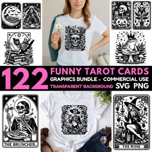 Pacote com 122 cartas de tarô engraçadas SVG, arquivos de corte Cricut, download digital em PNG, clipart de humor de bruxa, cartas de tarô fofas, uso comercial
