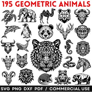 May include: Black and white geometric animal designs, including a turtle, elephant, camel, bear, bull, dolphin, penguin, panda, deer, monkey, tiger, seahorse, lion, giraffe, fox, snake, horse, ram, owl, armadillo, frog, and hippo. Text reads "195 GEOMETRIC ANIMALS".