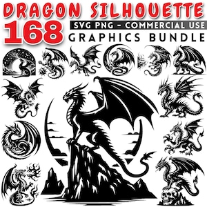 May include: A set of 168 black and white dragon silhouette graphics. The graphics are in SVG and PNG format and are for commercial use. The graphics are perfect for use in a variety of projects, such as t-shirts, mugs, stickers, and more.
