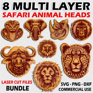 Può includere: Una collezione di otto modelli multistrato di teste di animali safari, tra cui un cobra, un elefante, un rinoceronte, un gorilla, un bufalo, un'aquila, un leone e un ghepardo. File di taglio laser in formati SVG, PNG e DXF.