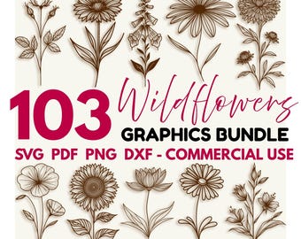 Puede incluir: Un paquete de gráficos digitales con 103 diseños de flores silvestres en formatos SVG, PDF, PNG y DXF. La imagen muestra varias ilustraciones florales en contornos marrones, con el texto "103 Wildflowers Graphics Bundle" en rosa y negro, y "Laser Engrave Files".