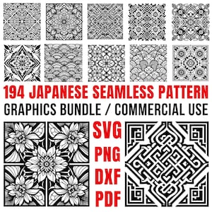 Peut inclure: Une collection de motifs japonais sans couture en noir et blanc. L'image présente divers motifs géométriques et floraux, avec le texte "194 Japanese Seamless Pattern Graphics Bundle / Commercial Use" et les options de type de fichier : SVG, PNG, DXF et PDF.