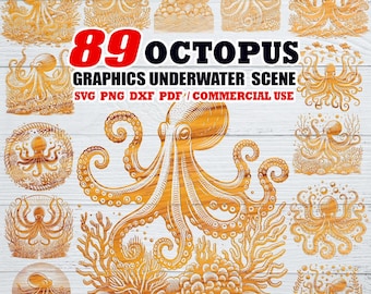 Octopus Underwater Scene Laser Engraving Files | Ocean Sea Life Engrave Bundle for Glowforge, Slate, Wood, and Acrylic | Marine SVG Designs