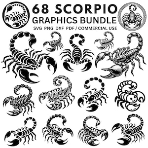 May include: A collection of black scorpion graphics in various styles. The image includes the text "68 SCORPIO GRAPHICS BUNDLE" and file type information. The scorpion designs range from detailed illustrations to stylized, simplified versions.