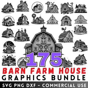 Barn Farmhouse SVG Bundle, Rustic Barn PNG, Farmhouse DXF Cut Files, Country Farm, Vintage Barn Silhouette, Commercial Use