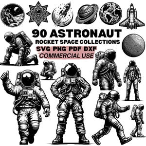 May include: Black and white illustrations of astronauts, planets, rockets, and space-themed elements. The text reads "90 Astronaut Rocket Space Collections" with file format details. Ideal for space enthusiasts and digital art projects.