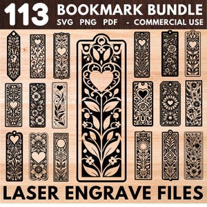 Op de afbeelding: Een verzameling lasergegraveerde bladwijzerontwerpen. De bladwijzers hebben ingewikkelde bloemen-, hart- en geometrische patronen. De afbeelding bevat de tekst "113 BOOKMARK BUNDLE" en "LASER ENGRAVE FILES".